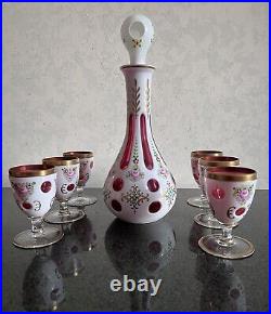 Vintage Bohemian Cut to Cranberry Overlay Hand Painted Decanter w 6 Cordials