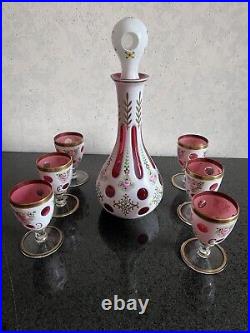 Vintage Bohemian Cut to Cranberry Overlay Hand Painted Decanter w 6 Cordials