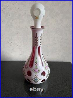 Vintage Bohemian Cut to Cranberry Overlay Hand Painted Decanter w 6 Cordials