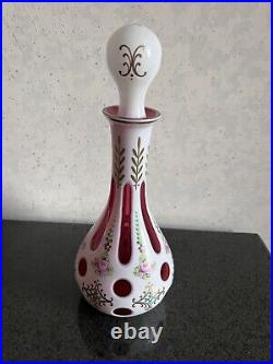 Vintage Bohemian Cut to Cranberry Overlay Hand Painted Decanter w 6 Cordials