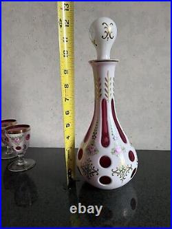 Vintage Bohemian Cut to Cranberry Overlay Hand Painted Decanter w 6 Cordials