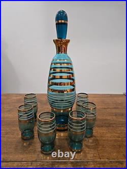 Vintage Bohemian Czech Aqua Gold Trim Glass Decanter set with6 Cordial Glasses