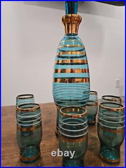 Vintage Bohemian Czech Aqua Gold Trim Glass Decanter set with6 Cordial Glasses