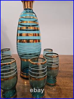 Vintage Bohemian Czech Aqua Gold Trim Glass Decanter set with6 Cordial Glasses