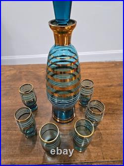 Vintage Bohemian Czech Aqua Gold Trim Glass Decanter set with6 Cordial Glasses