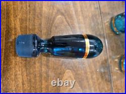 Vintage Bohemian Czech Aqua Gold Trim Glass Decanter set with6 Cordial Glasses