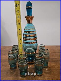 Vintage Bohemian Czech Aqua Gold Trim Glass Decanter set with6 Cordial Glasses