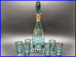 Vintage Bohemian Czech Aqua Gold Trim Glass Decanter set with6 Cordial Glasses MCM