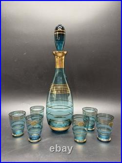 Vintage Bohemian Czech Aqua Gold Trim Glass Decanter set with6 Cordial Glasses MCM