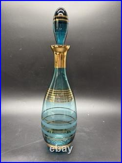 Vintage Bohemian Czech Aqua Gold Trim Glass Decanter set with6 Cordial Glasses MCM