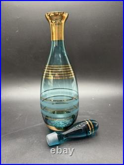 Vintage Bohemian Czech Aqua Gold Trim Glass Decanter set with6 Cordial Glasses MCM