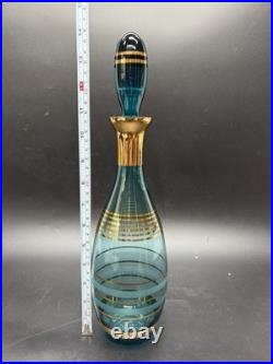 Vintage Bohemian Czech Aqua Gold Trim Glass Decanter set with6 Cordial Glasses MCM
