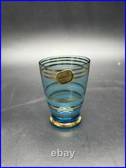 Vintage Bohemian Czech Aqua Gold Trim Glass Decanter set with6 Cordial Glasses MCM