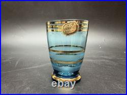 Vintage Bohemian Czech Aqua Gold Trim Glass Decanter set with6 Cordial Glasses MCM
