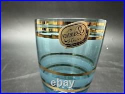 Vintage Bohemian Czech Aqua Gold Trim Glass Decanter set with6 Cordial Glasses MCM