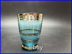 Vintage Bohemian Czech Aqua Gold Trim Glass Decanter set with6 Cordial Glasses MCM
