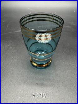 Vintage Bohemian Czech Aqua Gold Trim Glass Decanter set with6 Cordial Glasses MCM