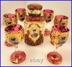 Vintage Bohemian Czech Art Glass 6 Glasses & Decanter Ruby Red & Heavy Gold