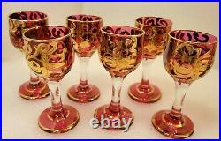 Vintage Bohemian Czech Art Glass 6 Glasses & Decanter Ruby Red & Heavy Gold
