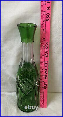 Vintage Bohemian Czech Art Glass Green Cut To Clear Decanter Bottle Tall Stopper