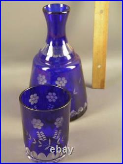 Vintage Bohemian Czech Blue Cut To Glear Glass Boudoir Decanter & Tumbler