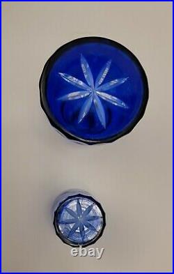 Vintage Bohemian Czech Blue Cut To Glear Glass Boudoir Decanter & Tumbler