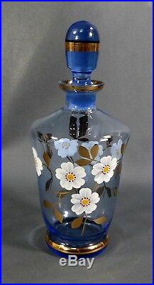 Vintage Bohemian Czech Cobalt Blue Gold Enamel Glass Liquor Wine Decanter Bottle
