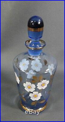 Vintage Bohemian Czech Cobalt Blue Gold Enamel Glass Liquor Wine Decanter Bottle