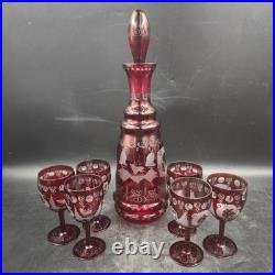 Vintage Bohemian Czech Cranberry Etched Glass Decanter and 6 Cordial Glasses Set