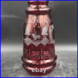 Vintage Bohemian Czech Cranberry Etched Glass Decanter and 6 Cordial Glasses Set