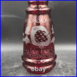 Vintage Bohemian Czech Cranberry Etched Glass Decanter and 6 Cordial Glasses Set