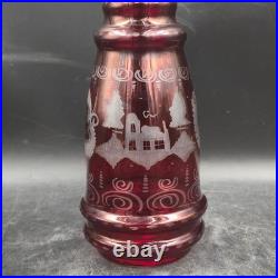 Vintage Bohemian Czech Cranberry Etched Glass Decanter and 6 Cordial Glasses Set