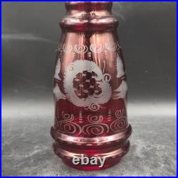 Vintage Bohemian Czech Cranberry Etched Glass Decanter and 6 Cordial Glasses Set