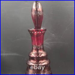 Vintage Bohemian Czech Cranberry Etched Glass Decanter and 6 Cordial Glasses Set