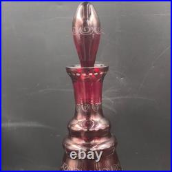 Vintage Bohemian Czech Cranberry Etched Glass Decanter and 6 Cordial Glasses Set