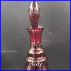 Vintage Bohemian Czech Cranberry Etched Glass Decanter and 6 Cordial Glasses Set