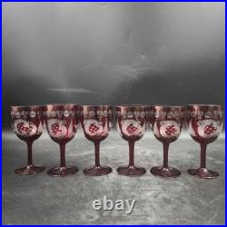 Vintage Bohemian Czech Cranberry Etched Glass Decanter and 6 Cordial Glasses Set