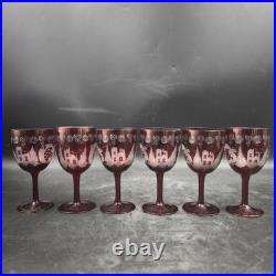 Vintage Bohemian Czech Cranberry Etched Glass Decanter and 6 Cordial Glasses Set