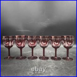 Vintage Bohemian Czech Cranberry Etched Glass Decanter and 6 Cordial Glasses Set