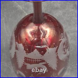 Vintage Bohemian Czech Cranberry Etched Glass Decanter and 6 Cordial Glasses Set