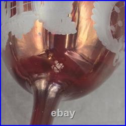 Vintage Bohemian Czech Cranberry Etched Glass Decanter and 6 Cordial Glasses Set