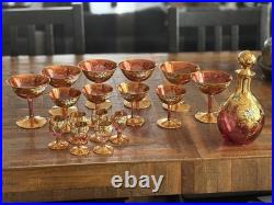 Vintage Bohemian Czech Cranberry Glass Decanter Set Gold Gilt & Enamel Floral