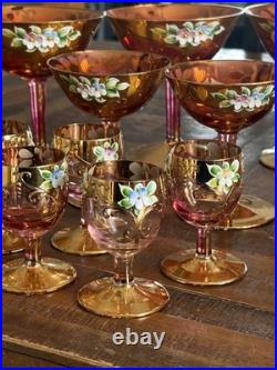 Vintage Bohemian Czech Cranberry Glass Decanter Set Gold Gilt & Enamel Floral
