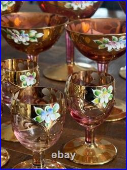 Vintage Bohemian Czech Cranberry Glass Decanter Set Gold Gilt & Enamel Floral