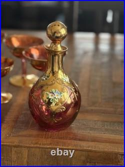 Vintage Bohemian Czech Cranberry Glass Decanter Set Gold Gilt & Enamel Floral