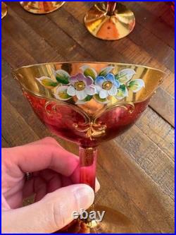 Vintage Bohemian Czech Cranberry Glass Decanter Set Gold Gilt & Enamel Floral