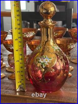 Vintage Bohemian Czech Cranberry Glass Decanter Set Gold Gilt & Enamel Floral