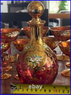 Vintage Bohemian Czech Cranberry Glass Decanter Set Gold Gilt & Enamel Floral