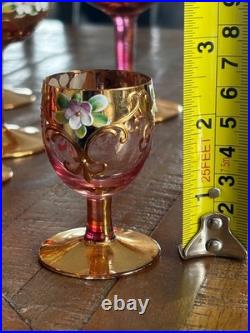 Vintage Bohemian Czech Cranberry Glass Decanter Set Gold Gilt & Enamel Floral