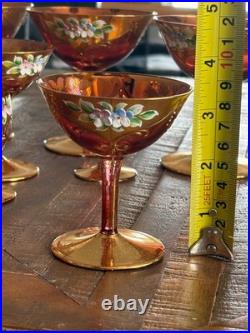 Vintage Bohemian Czech Cranberry Glass Decanter Set Gold Gilt & Enamel Floral